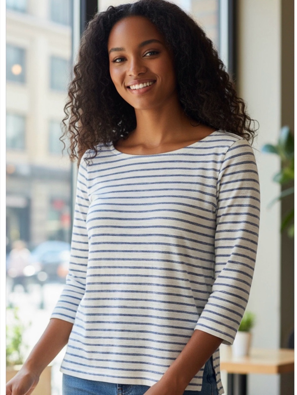 Kobi Halperin Linen Blend White/Navy Striped Long-Sleeve Scoop Neck Top Medium